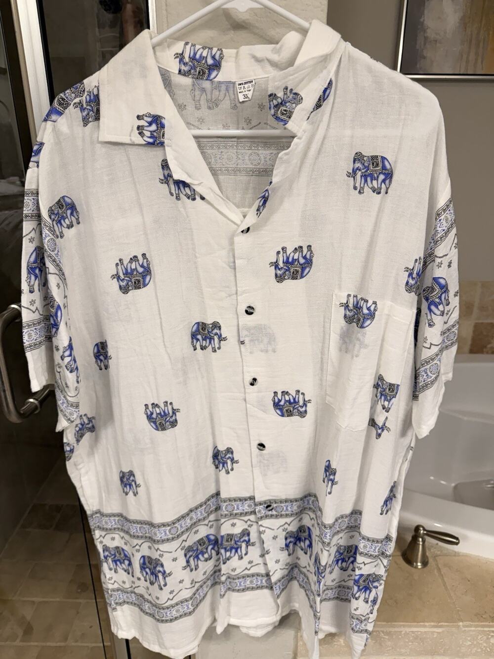 Handmade Thailand Elephant Print Shirt 3XL White Blue Cotton Boho Camp Resort